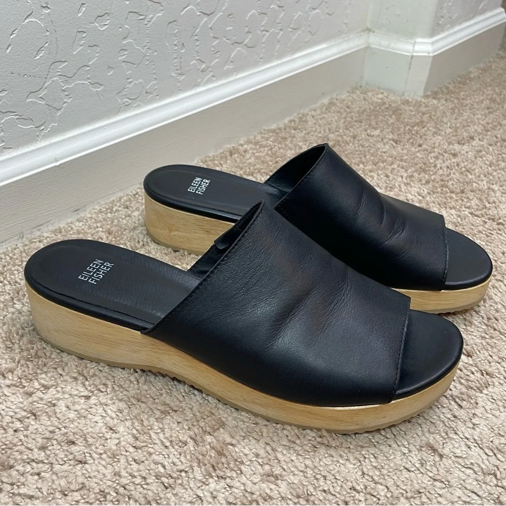Eileen Fisher Size 11 Novel Black Leather Platform Wooden Clog Slide Sandals - Picture 4 of 16